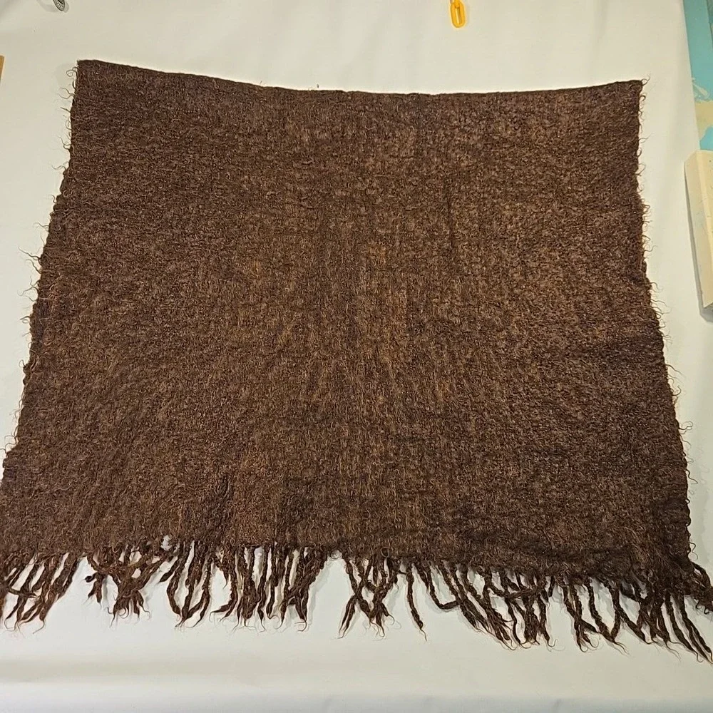 Baby-Mo South African Mohair Fringe Throw Blanket Brown 39x70 Handwove Shawl USA